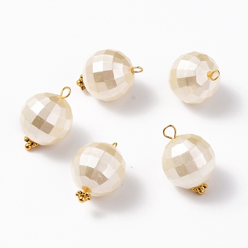 Acrylic Imitation Pearl Pendants, with Alloy Flower Daisy Spacer Beads & Brass Ball Head Pins, Golden, Faceted, Round, Old Lace, 20x13.5mm, Hole: 2mm