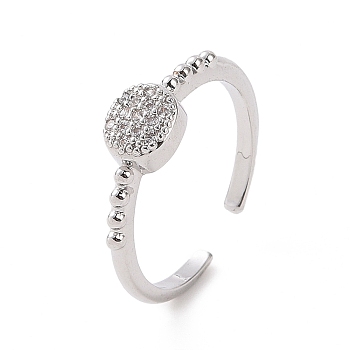 Clear Cubic Zirconia Flat Round Open Cuff Ring, Brass Jewelry for Women, Platinum, Inner Diameter: 18mm