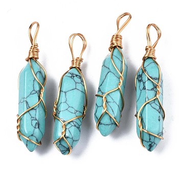Synthetic Turquoise Big Pendants, with Golden Brass Findings, Hexagonal Prisms, Dyed, 44.5~52x10~11x9.5~10.5mm, Hole: 4x7mm