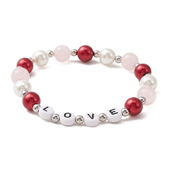 Shell Pearl & Rose Quartz & Acrylic Beaded Stretch Bracelet, Word Love Bracelet for Valentine's Day, Red, Inner Diameter: 2 inch(5.2cm)