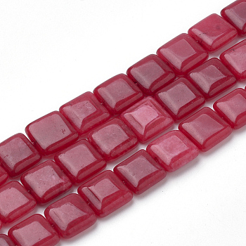 Natural White Jade Beads Strands, Dyed, Flat Slice Square Beads, Crimson, 10~11x10~11x4mm, Hole: 1mm, about 38pcs/strand, 15.7 inch
