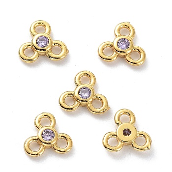 Brass Chandelier Components Links, with Cubic Zirconia, Long-Lasting Plated, Real 18K Gold Plated, Flower, Lead Free & Cadmium Free, Lavender, 6.5x7x2mm, Hole: 1.4mm
