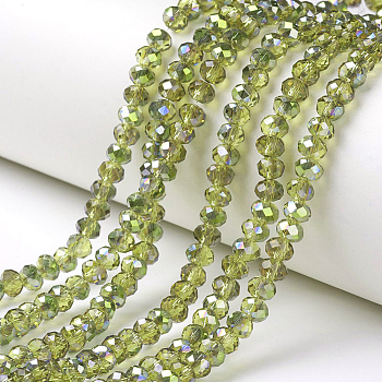 Electroplate Transparent Glass Beads Strands, Half Green Plated, Faceted, Rondelle, Yellow Green, 3x2mm, Hole: 0.8mm, about 150~155pcs/strand, 15~16 inch(38~40cm)
