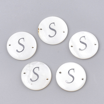 Freshwater Shell Links connectors, with Brass Findings, Flat Round, Platinum, Letter.S, 20~21x3mm, Hole: 1.2mm