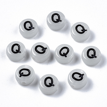 Acrylic Beads, with Enamel and Luminous, Horizontal Hole, Flat Round with Black Letter, Glow in the Dark, Light Grey, Letter.Q, 7x3.5mm, Hole: 1.5mm, about 3600~3700pcs/500g