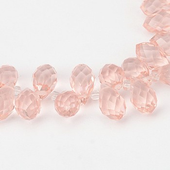 Faceted Teardrop Glass Beads Strands, Top Drilled Beads, Pearl Pink, 13x8mm, Hole: 1mm, about 98pcs/strand, 15.7 inch