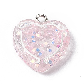 Transparent Resin Pendants, with Platinum Tone Iron Loops, Heart Charm with Glitter Powder and Paillette, Pink, 20x17.6x3.5mm, Hole: 2mm