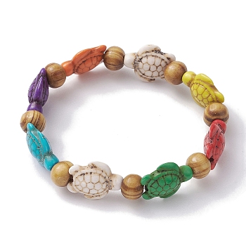 Beach Turtle Dye Synthetic Turquoise Beaded Stretch Barcelets, Summer Wood Beaded Stretch Bracelets for Women, Colorful, Inner Diameter: 1-7/8~2 inch(4.85~5.2cm), Bead: 7x8~8.5mm, Turtle: 17x14mm 