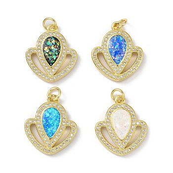 Brass Micro Pave Cubic Zirconia Pendants, with Synthetic Opal and Jump Ring, Real 18K Gold Plated, Mixed Color, 20x17x3mm, Hole: 3.5mm