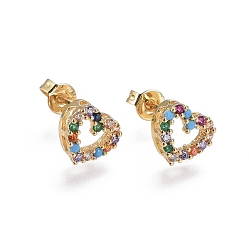 Brass Micro Pave Cubic Zirconia Stud Earrings, Heart, Golden, Colorful, 8.8x8.3x3.5mm, Pin: 0.7mm