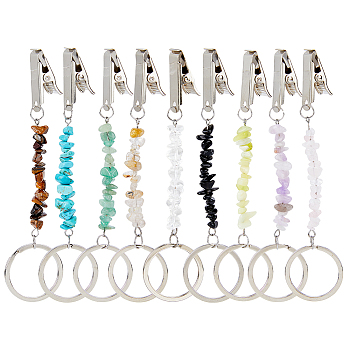 Natural Gemstone Chip Long Clips, with Alloy Split Key Rings & Iron ID Clips, 132mm, 9 colors, 1pc/color, 9pcs/set