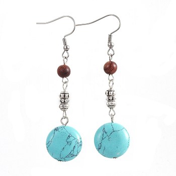 Synthetic Turquoise Dangle Earrings, with Natural Sandalwood and Alloy Beads, 304 Stainless Steel Earring Hooks, Flat Round, 65mm, Pin: 0.7mm