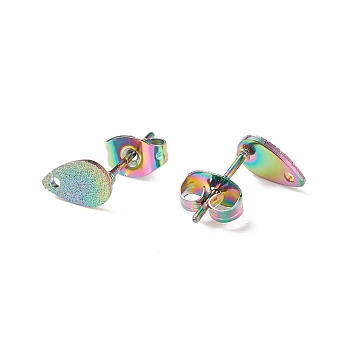 Ion Plating(IP) 304 Stainless Steel Stud Earring Findings, Textured, Teardrop, Rainbow Color, 8x5x0.7mm, Hole: 1mm, Pin: 0.7