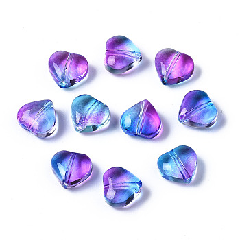 Two Tone Transparent Spray Painted Glass Beads, Heart, Blue, 7.5x8x4.5mm, Hole: 0.9mm