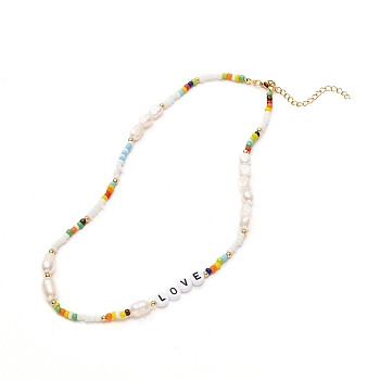 Love Beaded Necklace for Teen Girl Women, Glass Seed & Acrylic & Natural Pearl Beads Necklace, Colorful, 16.02 inch(40.7cm)