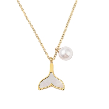 Round ABS Imitation Pearl & Shell Whale Tail Pendant Necklaces, 304 Stainless Steel Jewelry for Women, Long-Lasting Plated, Real 18K Gold Plated, 16.14 inch(41cm), Extender: 60mm, Pendant: 19x15mm, Bead: 11x8mm