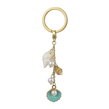 Alloy Enamel & Spiral Shell Pendant Keychains, with Glass Pearl and Iron Split Key Rings, Shell Shape, 9.1cm