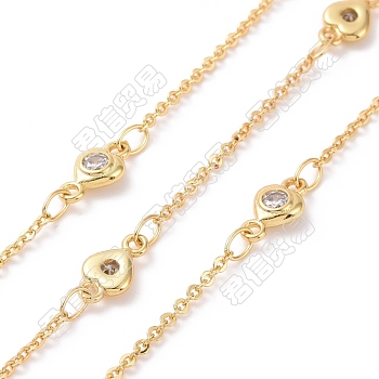 Clear Cubic Zirconia Heart Link Chains, with Brass Cable Chains, Unwelded, Cadmium Free & Nickel Free & Lead Free, Real 18K Gold Plated, 9x5x2mm, about 3.28 Feet(1m)/Box