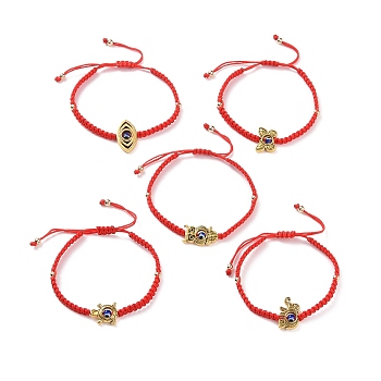 Adjustable Nylon Braided Bead Bracelets, Resin Evil Eye & Alloy Owl/Tortoise/Elephant/Eye/Butterfly Bead Bracelets for Women, Red, 1/4 inch(0.5cm), Inner Diameter: 1-7/8~3-1/8 inch(48~78mm)
