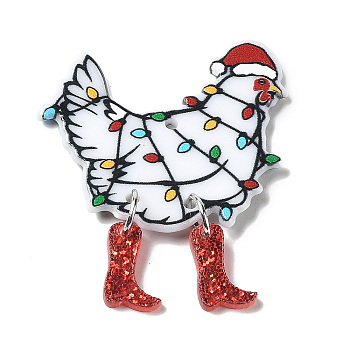 Printed Acrylic Pendants, for Christmas, Rooster Charm, FireBrick, 46~46.5x37.5x2~7mm, Hole: 1.8mm