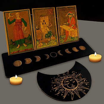 Wooden Tarot Card Display Stands, Moon Phase Tarot Holder for Divination, Tarot Decor Tools, Moon with Rectangle, Sun Pattern, 12.5~25x7.5~10.5x0.5cm, 2pcs/set