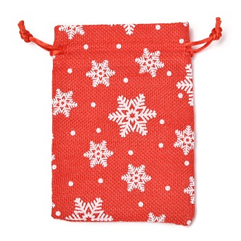Christmas Themed Burlap Packing Pouches, Drawstring Bags, with Snowflake Pattern, Red, 14.5x10.1x0.3cm