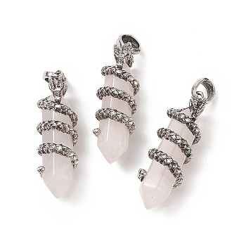 Natural Rose Quartz Double Terminal Pointed Pendants, Faceted Bullet Charms with Antique Silver Tone Alloy Dragon Wrapped, 47x14.5x15mm, Hole: 7.5x6.5mm