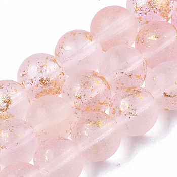 Frosted Spray Painted Glass Beads Strands, with Golden Foil, Round, Pink, 10~11mm, Hole: 1.4~1.6mm, about 39~42pcs/Strand, 14.84 inch~15.27 inch(37.7~38.8cm)