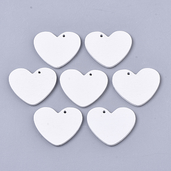 Spray Painted Wood Pendants, Laser Cut Wood Shapes, Heart, White, 28x33.5x2.5mm, Hole: 1.8mm