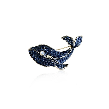 Whale Alloy Full Rhinestone Sea Animal Brooch, for Clothes, Golden, Capri Blue, 50mm