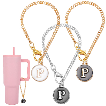 Flat Round with Letter Alloy Enamel Wine Glass Charms, with Iron Twisted Chains and Zinc Alloy Lobster Claw Clasps, Letter P, 128mm, 3pcs/set