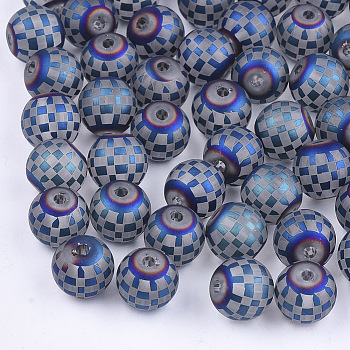 Electroplate Glass Beads, Plaid Beads, Frosted, Round with Tartan Pattern, Blue, 8~8.5mm, Hole: 1.5mm