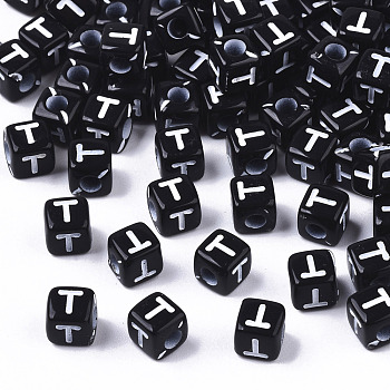 Opaque Acrylic Beads, Horizontal Hole, Alphabet Style, Cube, Black & White, Letter.T, 5x5x5mm, Hole: 2mm, about 500pcs/50g