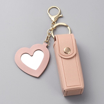 PU Leather Lipstick Storage Bags, Portable Lip Balm Organizer Holder for Women Ladies, with Light Gold Tone Alloy Keychain and Mirror, Heart, Pink, 15.1cm