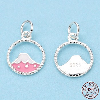 925 Sterling Silver Enamel Charms, with Jump Ring, Volcano, Pink, 13x11x1mm, Hole: 3mm