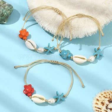 Pulseras de cuentas trenzadas de turquesa sintética y concha natural y perlas(BJEW-TA00368)-2