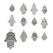 Tibetan Style Alloy Pendants, Hamsa Hand/Hand of Fatima/Hand of Miriam, Antique Silver, 18~57x8.5~35x2~5mm, Hole: 2~4mm(TIBEP-MSMC021-03AS)