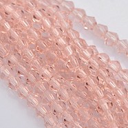 Bicone Glass Beads Strands, Faceted, Pink, 4x4mm, Hole: 1mm, about 92~96pcs/strand, 13.78~14.37 inch(X-EGLA-P016-4mm-10)