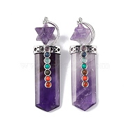 Chakra Themed Natural Amethyst Big Pendants, Faceted Sword Charms, with Rack Plating Platinum Plated Brass Findings, Cadmium Free & Lead Free, 85~86x24x18.5~20.5mm, Hole: 8x5mm(G-L524-12P-04)