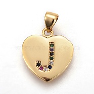 Brass Micro Pave Cubic Zirconia Pendants, Heart with Letter, Colorful, Letter.J, 17x15x1.5mm, Hole: 3.5x4.5mm(ZIRC-F093-57G-J)