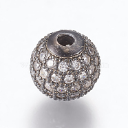 Brass Micro Pave Cubic Zirconia Beads, Round, Gunmetal, Clear, 10mm, Hole: 2mm(ZIRC-E134-10mm-04B)