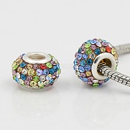 Grade A Rhinestone European Beads, Large Hole Beads, Resin, with Silver Color Plated Brass Core, Rondelle, Colorful, 15x10mm, Hole: 5mm(CPDL-H001-12)