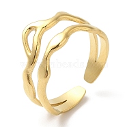 304 Stainless Steel Hollow Wave Open Cuff Ring for Women, Real 14K Gold Plated, Inner Diameter: 17mm(RJEW-I098-03G)