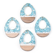 Transparent Resin & White Wood Pendants, Hollow Teardrop Charms with Paillettes, Light Sky Blue, 37.5x28x3~3.5mm, Hole: 2mm(X-RESI-N039-49)