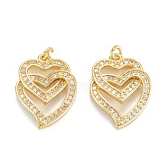 Brass Micro Pave Clear Cubic Zirconia Pendants, Long-Lasting Plated, Heart to Heart, Real 18K Gold Plated, 20x15x3mm, Hole: 2mm(ZIRC-M115-29G)