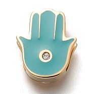 304 Stainless Steel Slide Charms, Enamel Style, with Crystal Rhinestone, Hamsa Hand/Hand of Fatima/Hand of Miriam, Dark Turquoise, Golden, 12x10x3.5mm, Hole: 7.5x1.5mm(STAS-P270-06G-02)