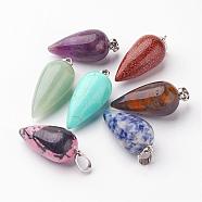 Natural & Synthetic Mixed Stone Pendants, with Brass Pendant Bails, teardrop, Platinum, 33~35x14~15mm, Hole: 4x7mm(G-A167-18)