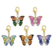 Butterfly Alloy Enamel & Glass Rhinestone Pendant Decorations, with Zinc Alloy Lobster Claw Clasps, Mixed Color, 29mm(HJEW-JM01372)