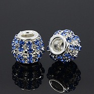 Brass Rhinestone European Beads, Large Hole Beads, Rondelle, Silver Color Plated, Light Sapphire, 12x10mm, Hole: 4mm(X-RB-I066-04S)