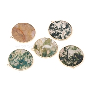 Natural Moss Agate Pendants, with Brass Findings, Flat Round, Golden, 32~34x28.5~31x2mm, Hole: 1.6mm(G-E526-10J)